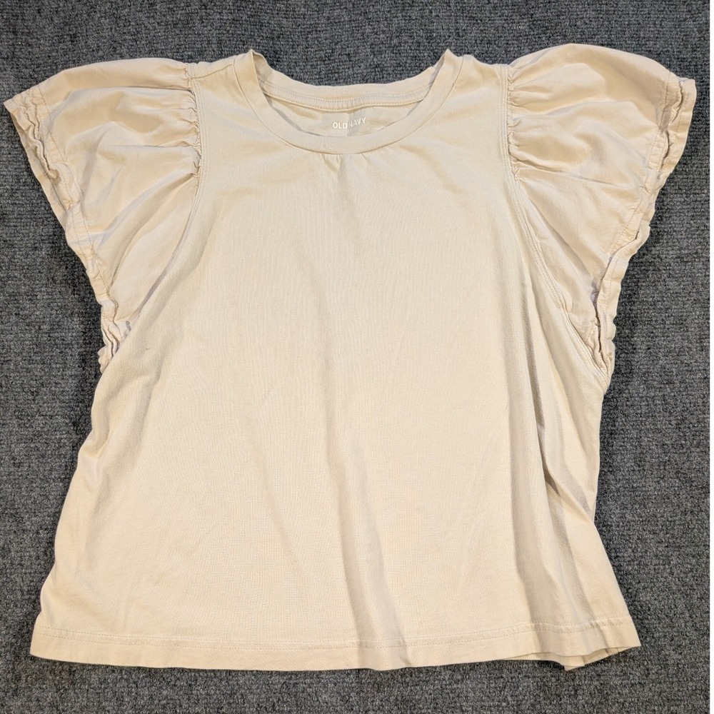 Old Navy Flutter Sleeve Top Womens Medium Beige Ruffle Crew Neck Tee